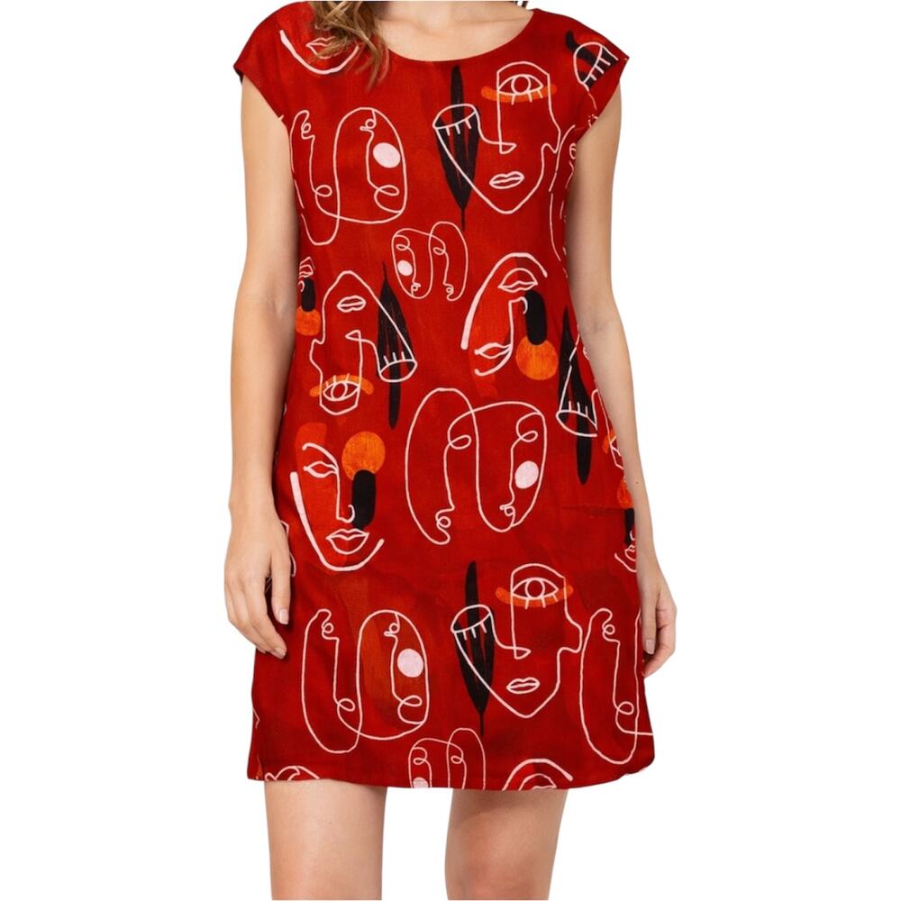Puro Lino Dress 100% Linen Art to Wear Eye Print Cap Sleeve Red Small NWT
